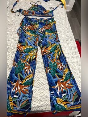 Tropical Print Wide-Leg Pantsuit - Blue Green Yellow